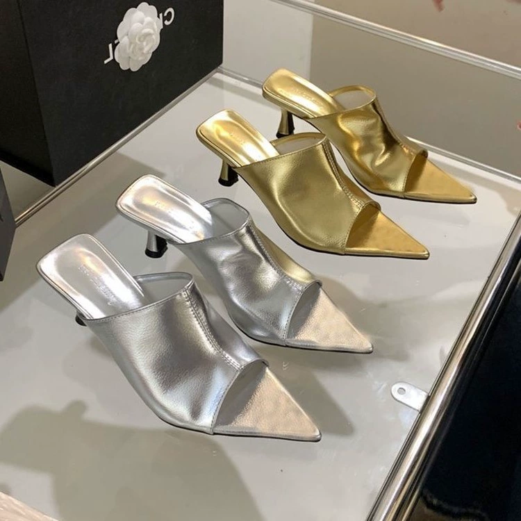 Британские элитные туфли-лодочки с острым носком для женщин, летняя обувь 2025, новые золотые босоножки на шпильке для женщин