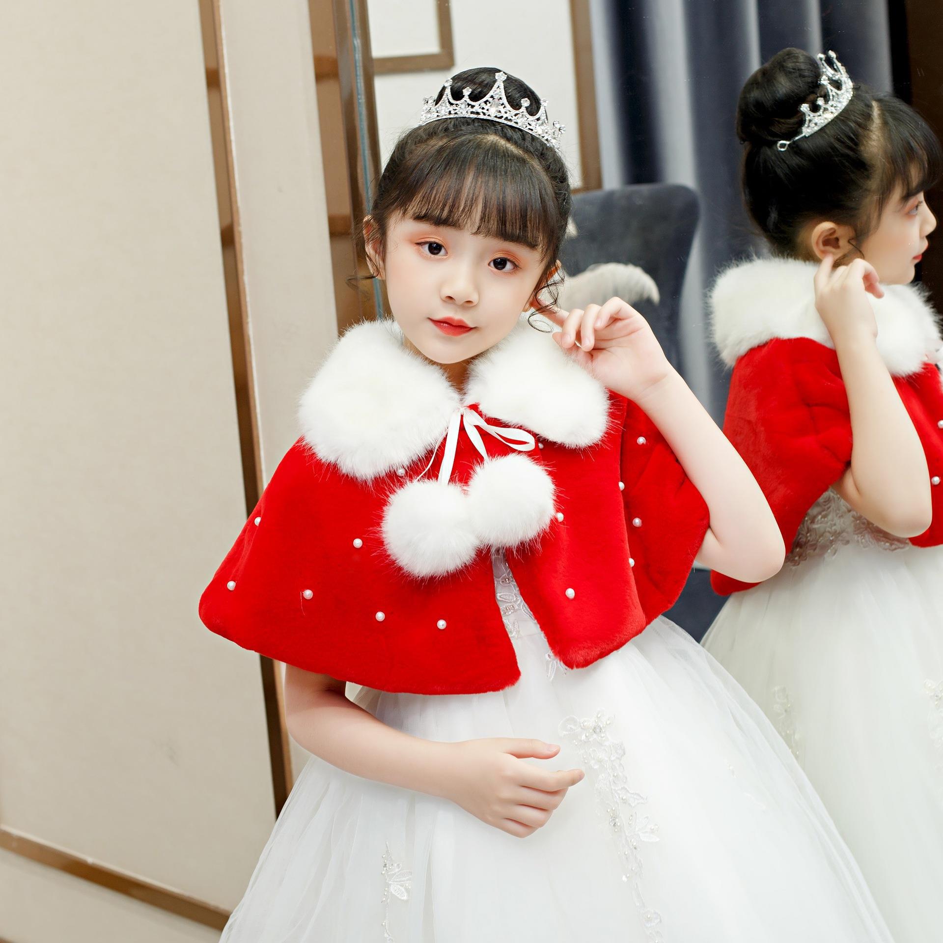 Capa para niños, vestido de princesa de felpa, abrigo de manga larga para salir en otoño e invierno, chal de piel cálido para niña de flores