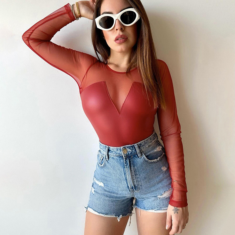 Prospettiva elastica attillata T-shirt a maniche lunghe con maglietta a maniche lunghe in pelle PU patchwork sexy_voghion.com