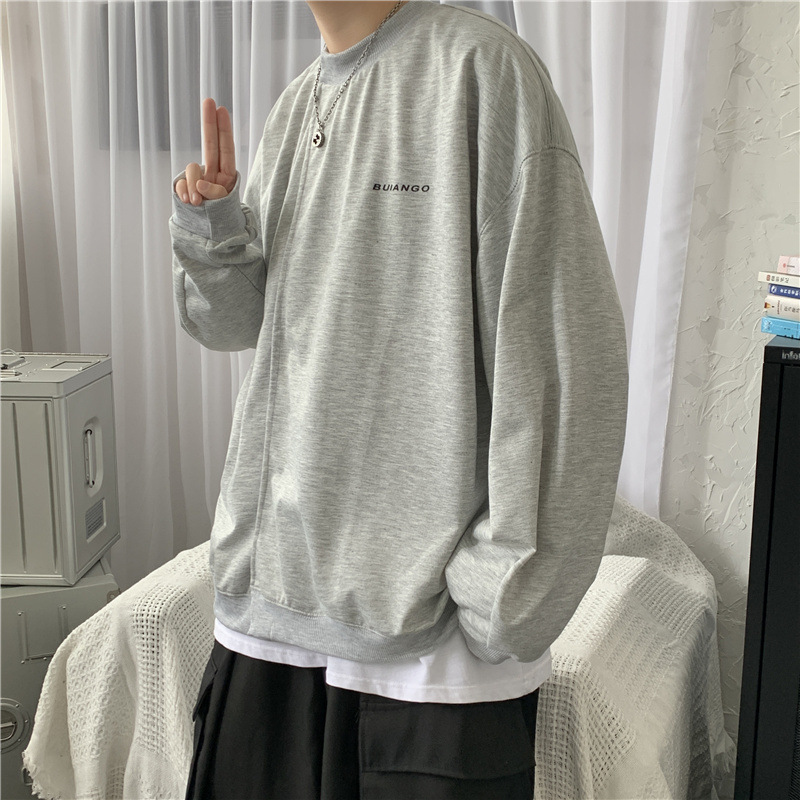 하프 하이 칼라 그레이 스웨터 남성용 봄과 가을 유행 루즈한 베이스 셔츠 홍콩 스타일 스포츠 오버 사이즈 긴팔 티셔츠