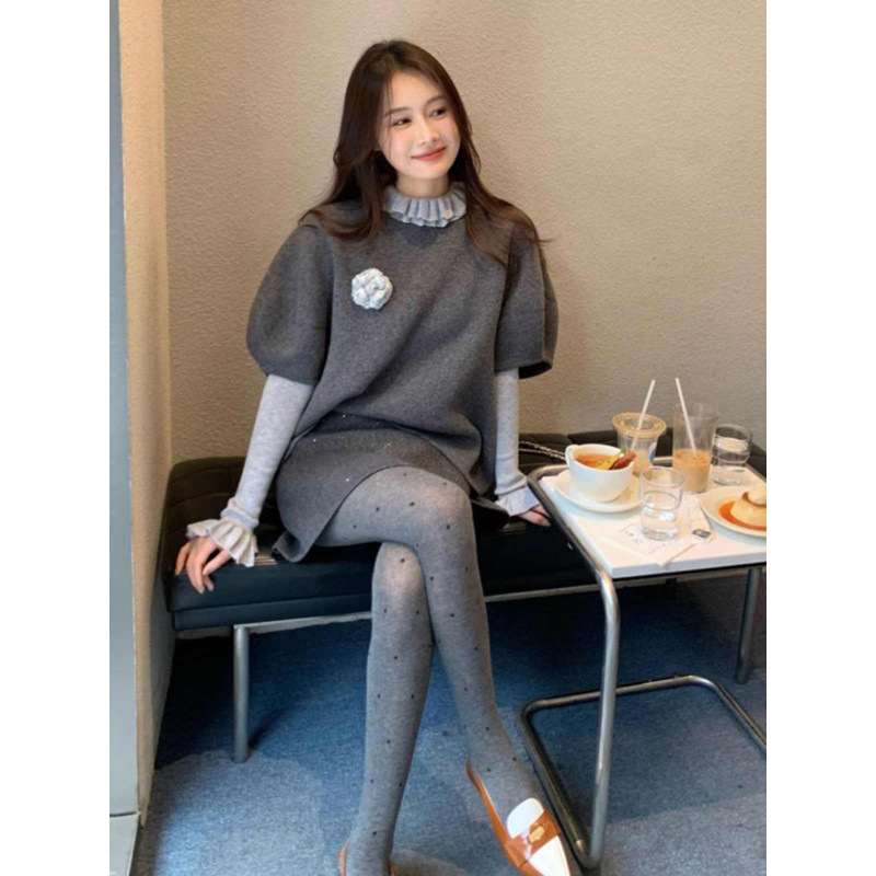 韓国系は早春の減齢洋気の美しいニットマントのベストシャツのファッションの2つのセットを組み合わせています。|undefined