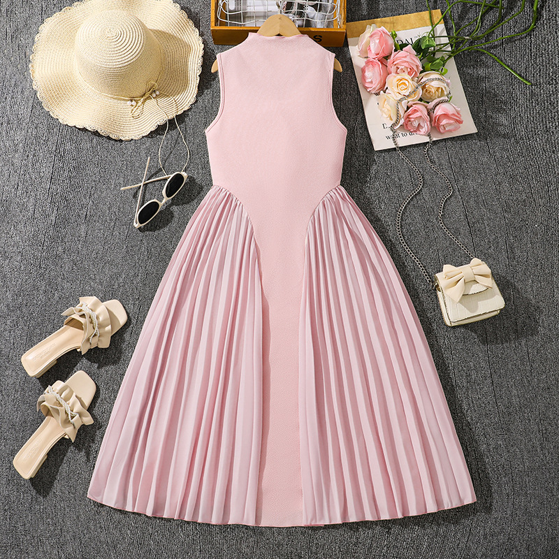 Girls' Elegant Pleated Patchwork Dress With Waist Support Stand Collar Style Summer New Popular Dress For Young Girls 8-16 Years_voghion.com