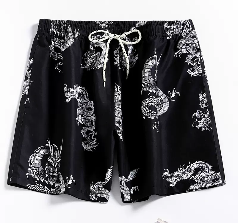 男装短裤工厂现货 外贸跨境中国龙元素爆 款内有三角网印花沙滩裤