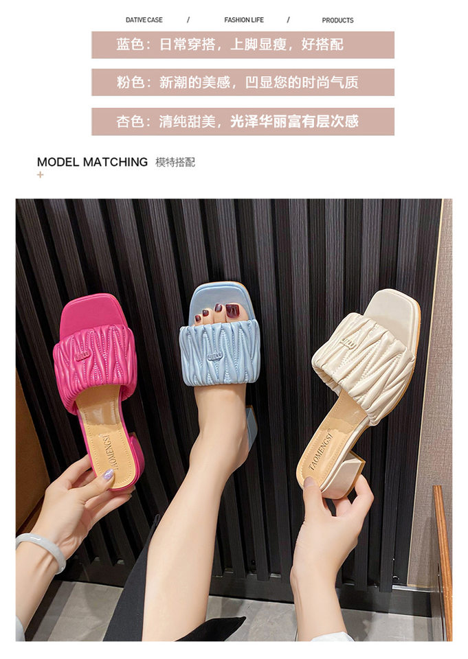 Dép sandal nữ mũi vuông gót nêm siêu mềm kiểu xếp ly, đế cao 3 cm — Màu hồng, Màu mơ, Màu xanh lam chi tiết 6