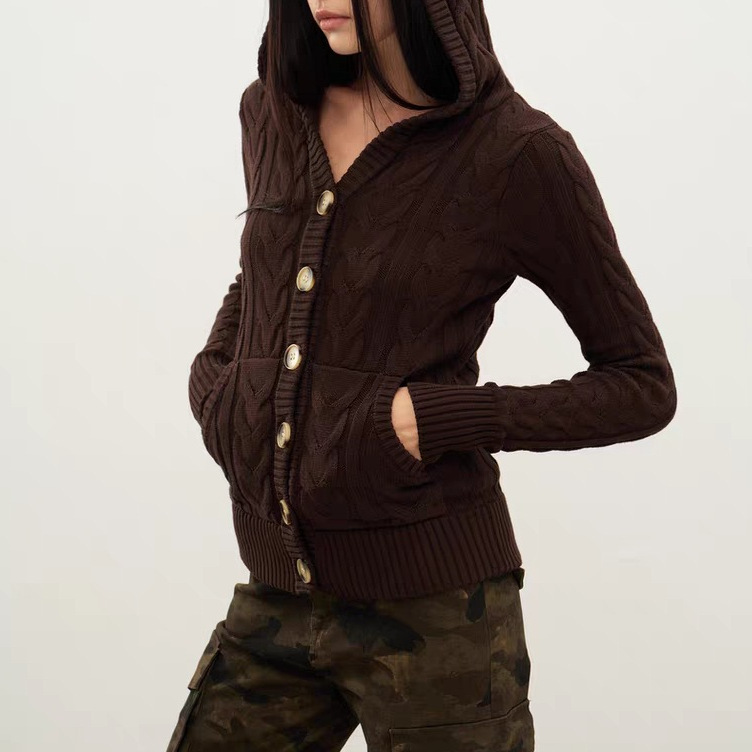 Srikerlab1 Button Twist Sweater Hoodie Brown Short Slim Fit Ancient Retro Knitted Top