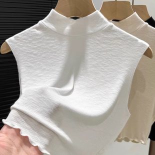 Half Turtleneck Knitted White Inner Short Bottoming Shirt for Women Thin Spring and Autum Fake Collar Sleeveless Versatile Top