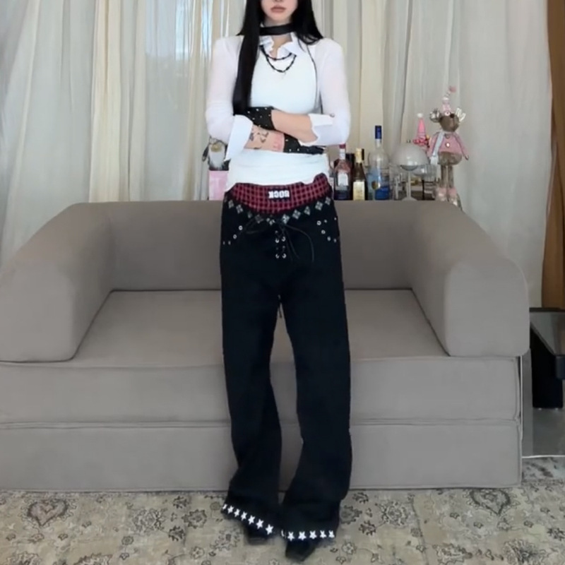 美式街头撞色双腰头拼接印花牛仔裤子女辣妹设计感抽绳拖地弯刀裤|undefined