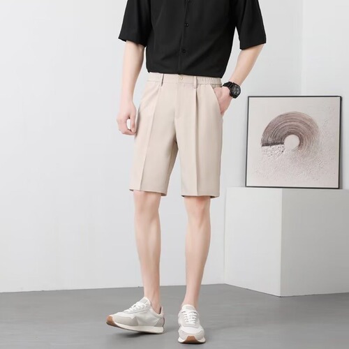 Men's Summer Plain Color 5-inch Western Shorts Leisure Retro London Style Trendy Shorts Half Elastic Waist Straight Leg Mid-Calf Pants