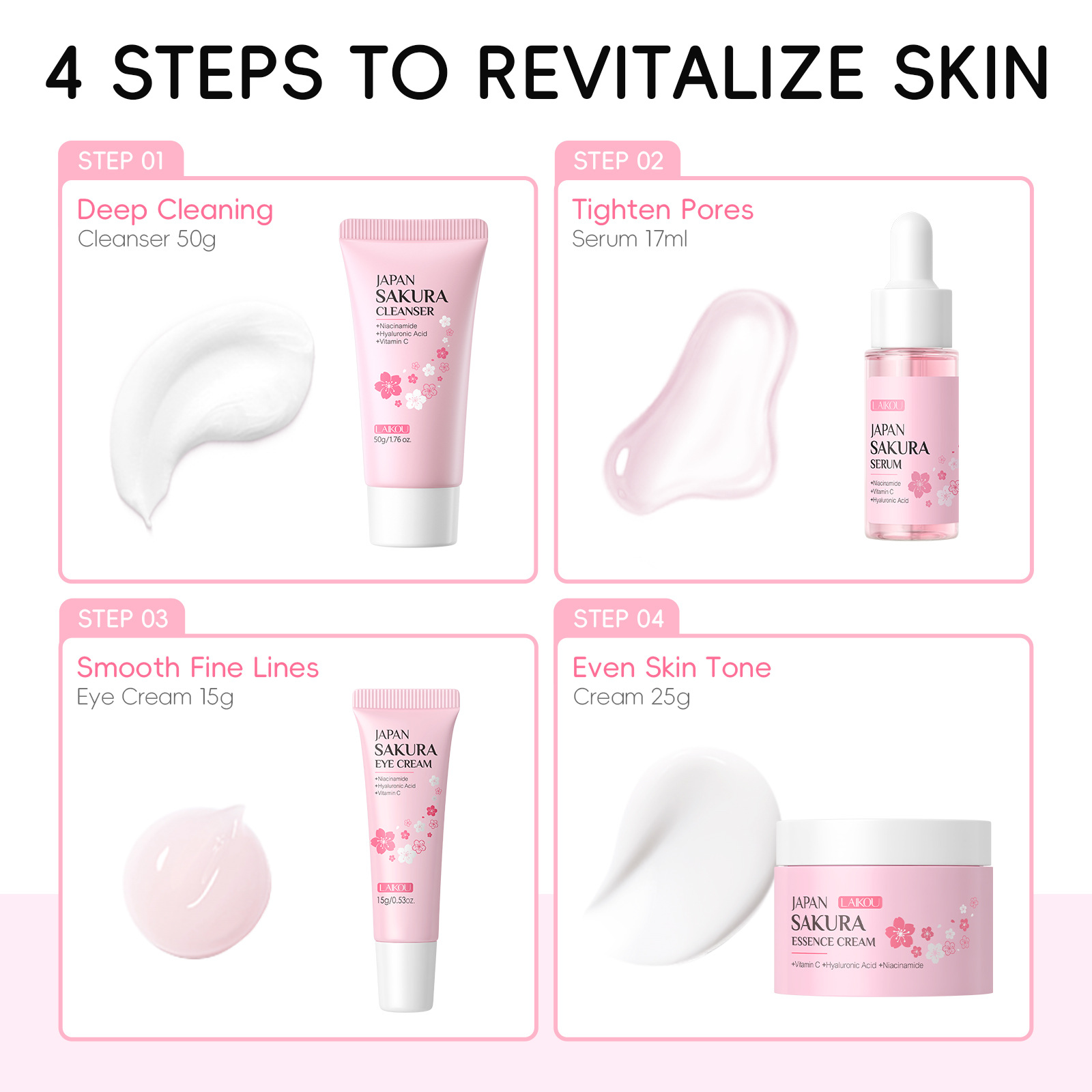 Cross-border Lecco Japan Cherry Blossom Facial Care suit 4-piece Cleansing Essence Eye Cream Face Cream Factory Wholesale