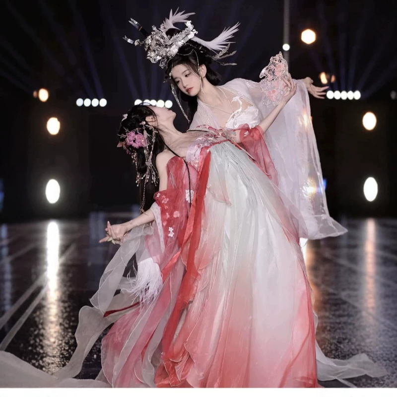 Super Fairy-Like Red and White Gradient Wide-Sleeved Hanfu for Women with Floral Embroidery, Chest-Length Skirt Set, Ancient Style Stage Performance Outfit Super Fairy-Like Red and White Gradient Wide-Sleeved Hanfu for Women with Floral Embroidery, Chest-Length Skirt Set, Ancient Style Stage Performance Outfit