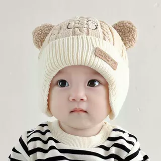 秋冬季男女童可爱小熊护耳套头帽子婴幼儿宝宝保暖加厚针织毛线帽
