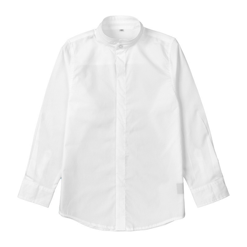 White Stand-Up Collar Long-Sleeved Shirt for Boys, Middle and Older Children, College-Style School Uniform, Elastic Fabric Shirt, Class Uniform