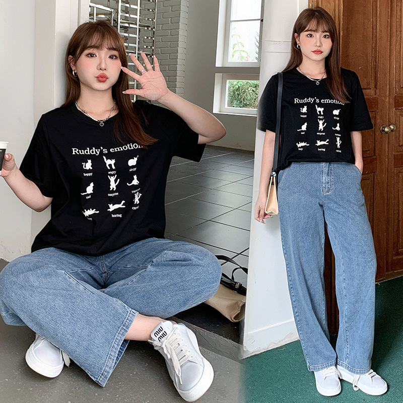 Plus-size women's t-shirt, 200 lbs, loose fit, summer style, flattering, slimming, hides belly, Korean style short-sleeved top, size 3237