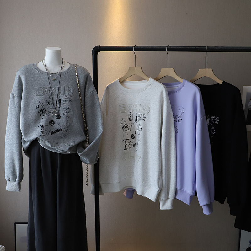 [比正]2025秋冬新款韩版女装圆领贴布绣宽松休闲百搭印花卫衣4737