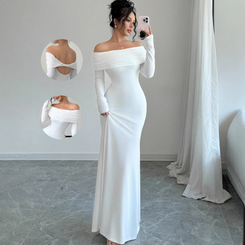 Foreign Trade 2025 Spring Women's Off-Shoulder Pleated Tight-Fitting Fashionable and Elegant Hip-Hugging Long Evening Dress Foreign Trade 2025 Spring Women's Off-Shoulder Pleated Tight-Fitting Fashionable and Elegant Hip-Hugging Long Evening Dress
