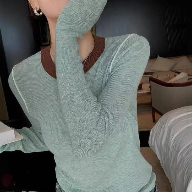 辣妹撞色拼接圆领针织打底衫长袖女秋冬正肩修身显瘦内搭别致上衣|undefined