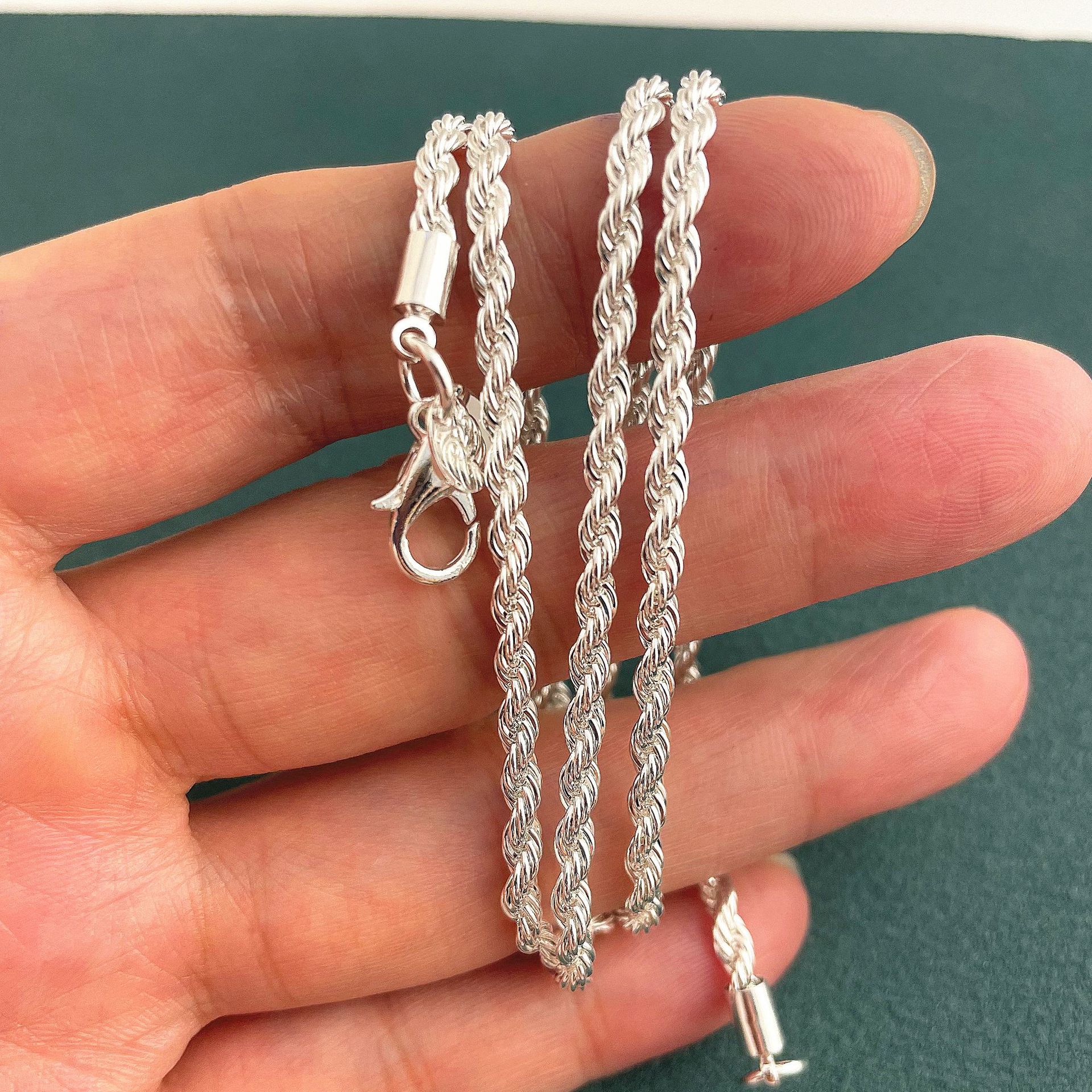 欧美风格女款男款3MM闪扭绳项链简约圆形银饰项链18-24英寸铜镀银