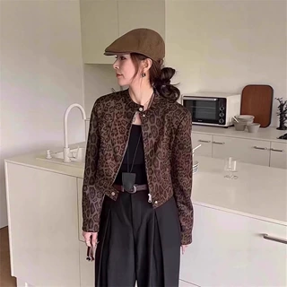 欧货复古豹纹外套女2025春秋款设计感小个子气质百搭短款夹克上衣