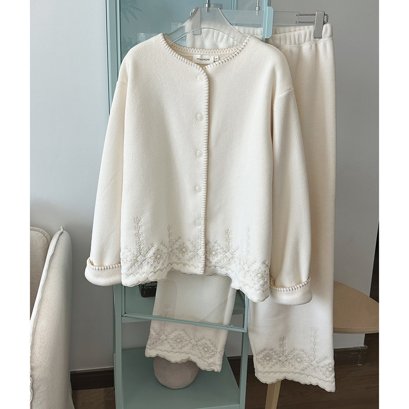 Thickened, warm, and embroidered double-sided fleece pajama and pants set for autumn and winter, suitable for home wear, postpartum wear, and can be worn as outerwear