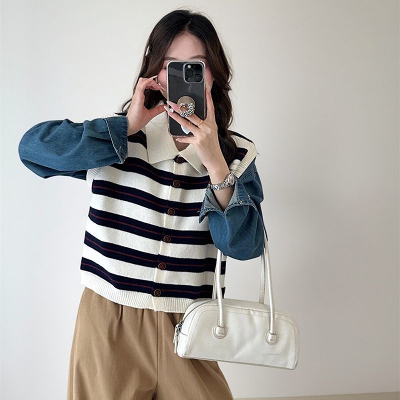 POLO领条纹高级设计感针织马甲女背心春秋季新款韩版百搭毛衣上衣|undefined