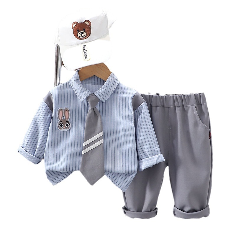 Jungen 2024 Neue Frühling und Herbst Hübsche Kinder College Stil Krawatte Streifen Zwei Stück Set Baby Kleidung Trendy_voghion.com