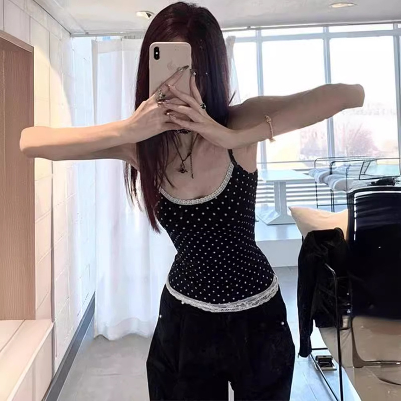 Dot Camisole Women's Summer New Design Sense Niche Lace Stitching Slim-fit Slimming Short Sleeveless Top