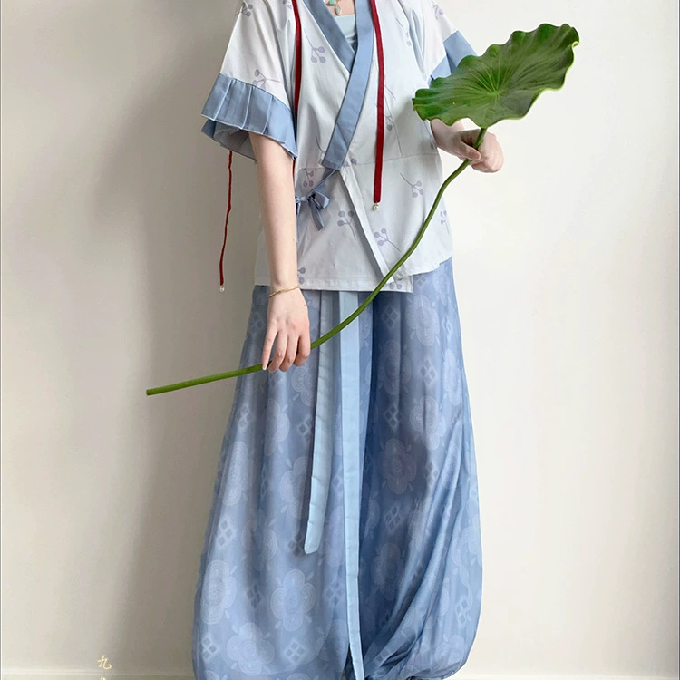 Оригинал от Huayupan [Accompanying Summer] Женские брюки-фонарики в стиле Ханфу с короткими рукавами и половиной рукавов, повседневные универсальные летние.