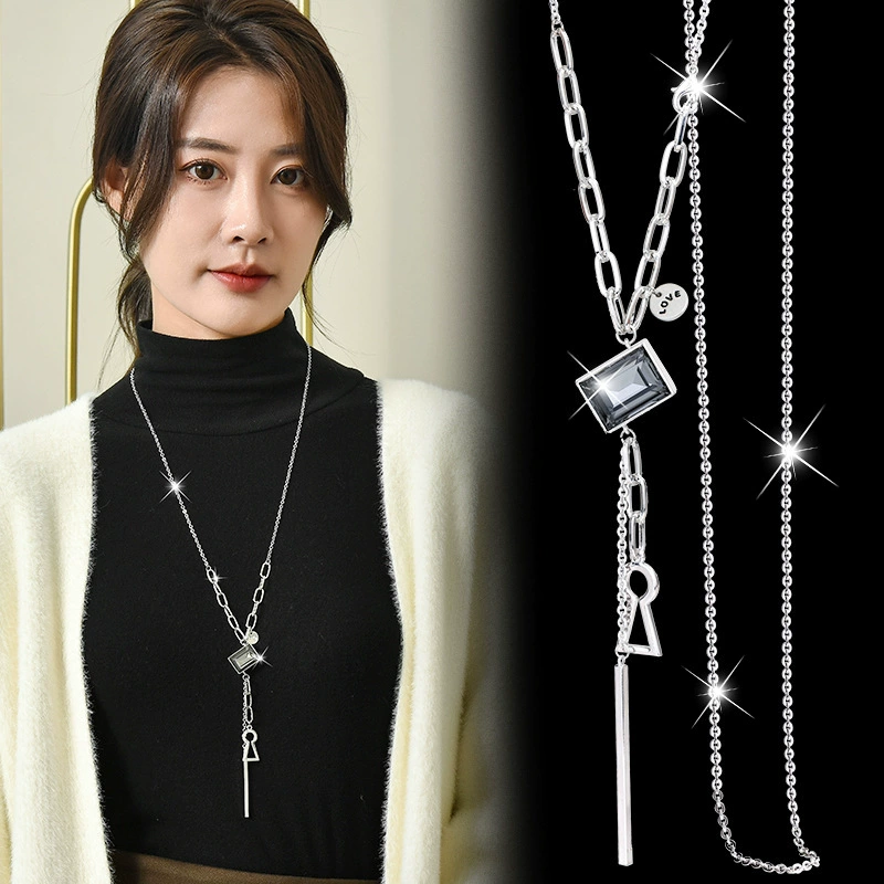 Fashionable long universal necklace with rhinestones with tassels, demi-season accessory, sweater, European style, simple and elegant design, wholesale