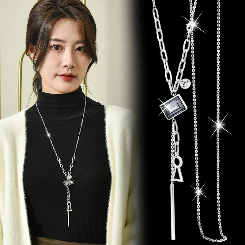 Fashionable long universal necklace with rhinestones with tassels, demi-season accessory, sweater, European style, simple and elegant design, wholesale
