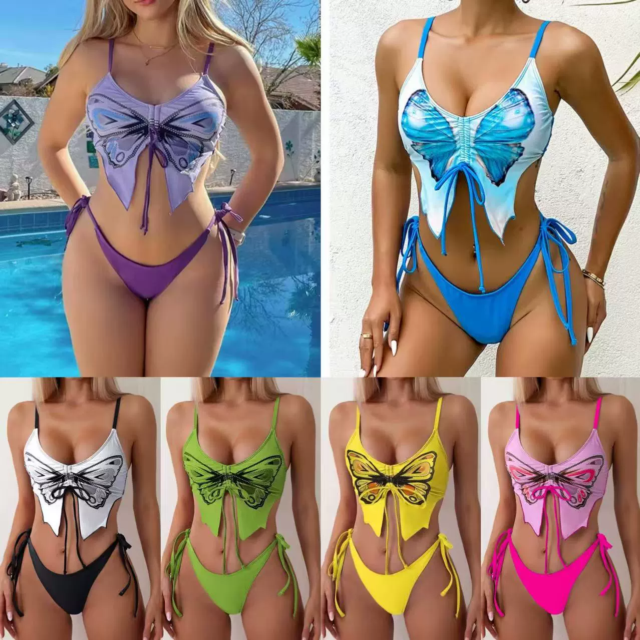 2025 Европейский и американский раздельный бикини с принтом бабочки, сексуальный треугольный купальник с открытой спиной, купальник Amazon AliExpress для женщин