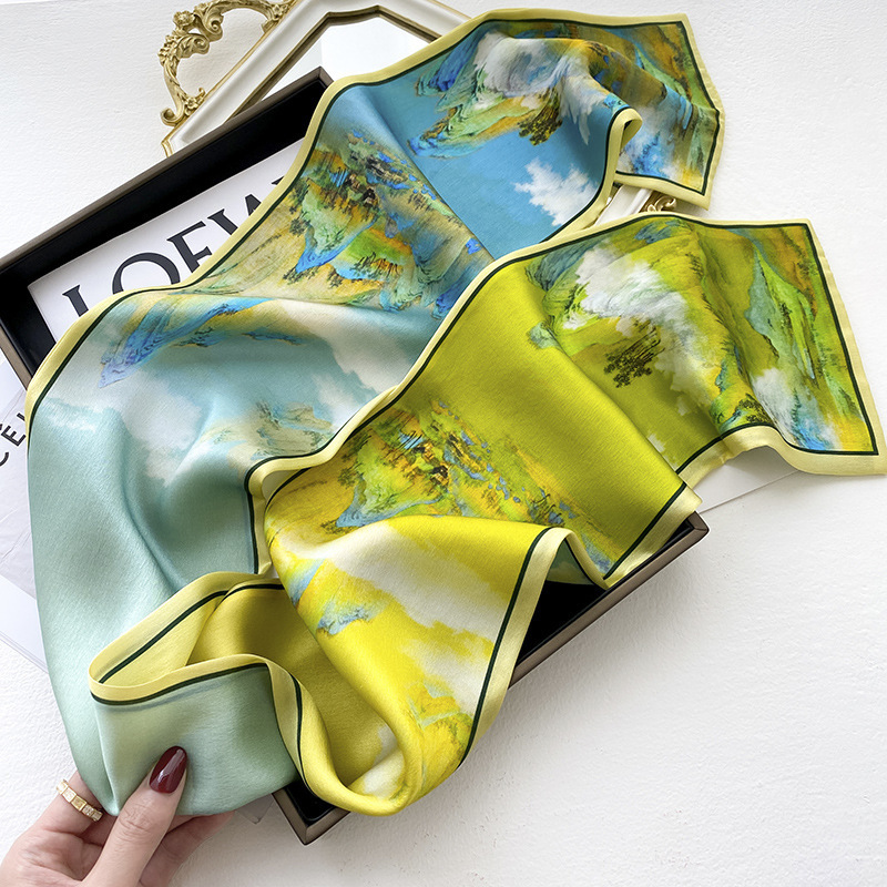 Hangzhou bufandas de seda verde azul estilo nacional morera seda flotante mujer primavera y otoño con bufandas de seda de doble capa 150 * 15cm bufandas