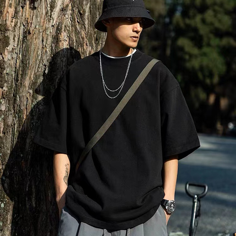 350g americano pequeño cuello de hombro caer camiseta de manga corta para hombres y mujeres suelta camiseta de base de color sólido pesado algodón puro