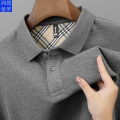 潤恩堡羅秋冬純綿スリット金男poloシャツ長袖珠地綿刺繍中年襟poloシャツ男