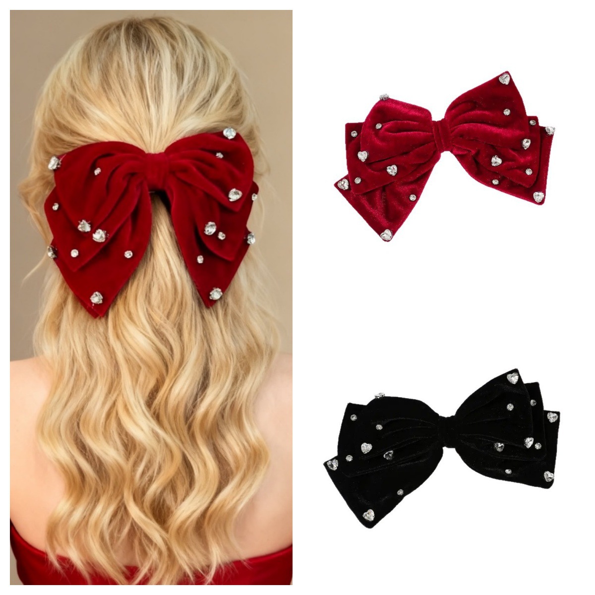 Elegante Samt-Haarspange mit Schleife und Strasssteinen, französisch inspirierte Federspange für Damen, Haaraccessoire im Prinzessinnen-Stil für festliche Anlässe_voghion.com