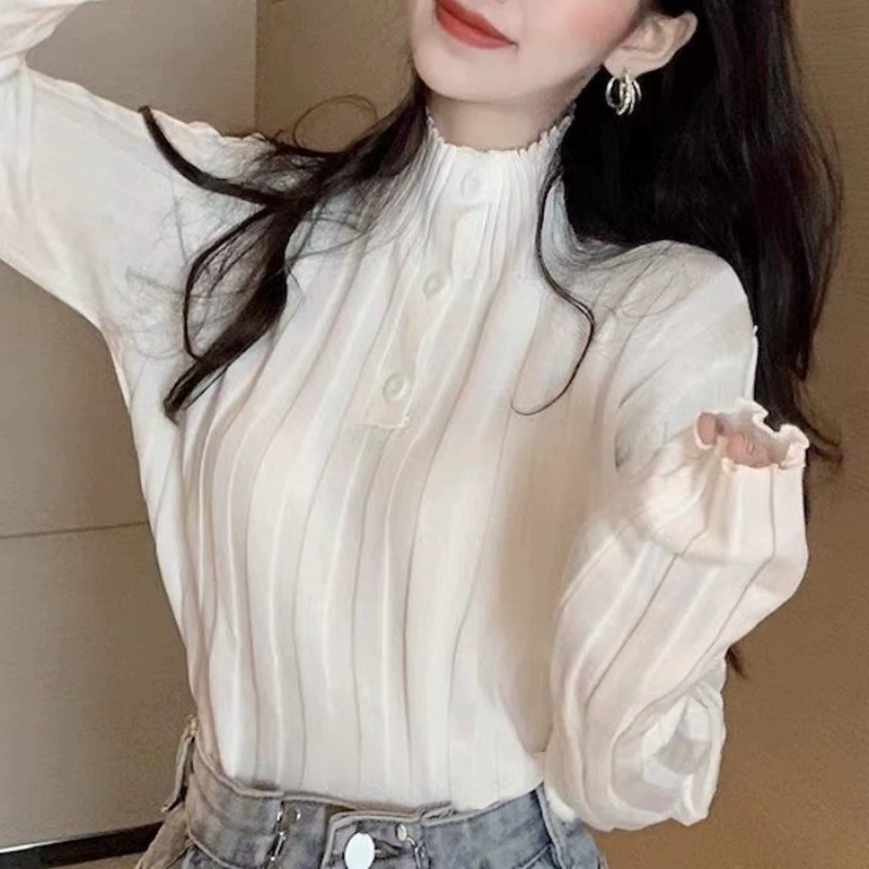 Женская облегающая трикотажная рубашка с полугольфом, осень-зима 2025, новый корейский стиль, длинный рукав, дизайнерский верх.