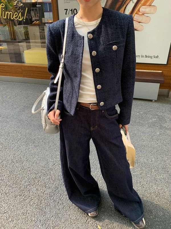 小香风外套女装秋冬季2025新款高级感复古休闲蓝色短款韩系上衣服|undefined