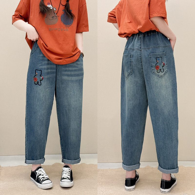 文学レトロ花刺繍ストレッチジーンズ女性の春夏の新しいルーズプラスサイズスリム多用途ハーレムパンツ|undefined