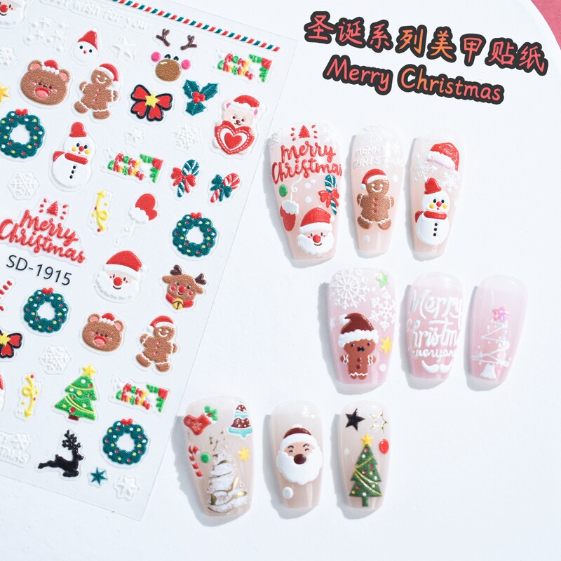 5D Embossed Christmas Nail Art Stickers Reindeer Christmas Tree Santa Claus Snowflake Christmas Collection Nail Decoration Decals