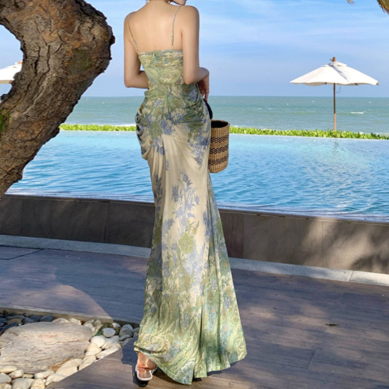 法式绝美吊带长裙海边度假绿色印花连衣裙海岛裙三亚拍照沙滩裙子|undefined