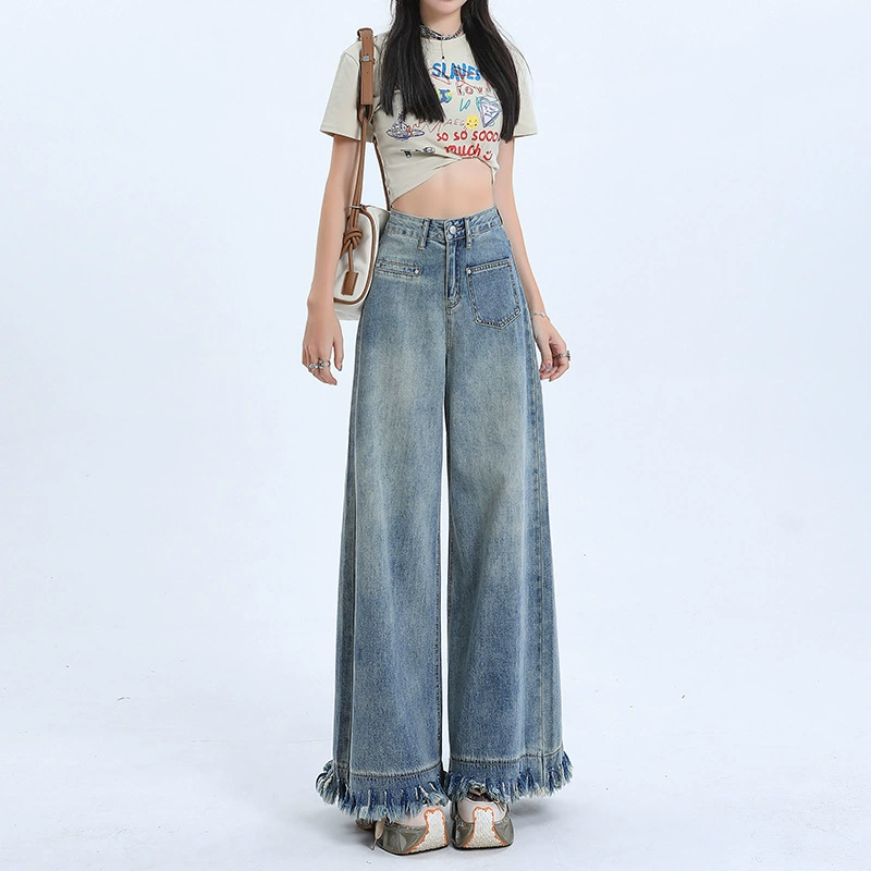 Необработанные Ретро широкие джинсы осень 2023 Новый дизайн с высокой талией свободные драпированные напольные модные брюки
