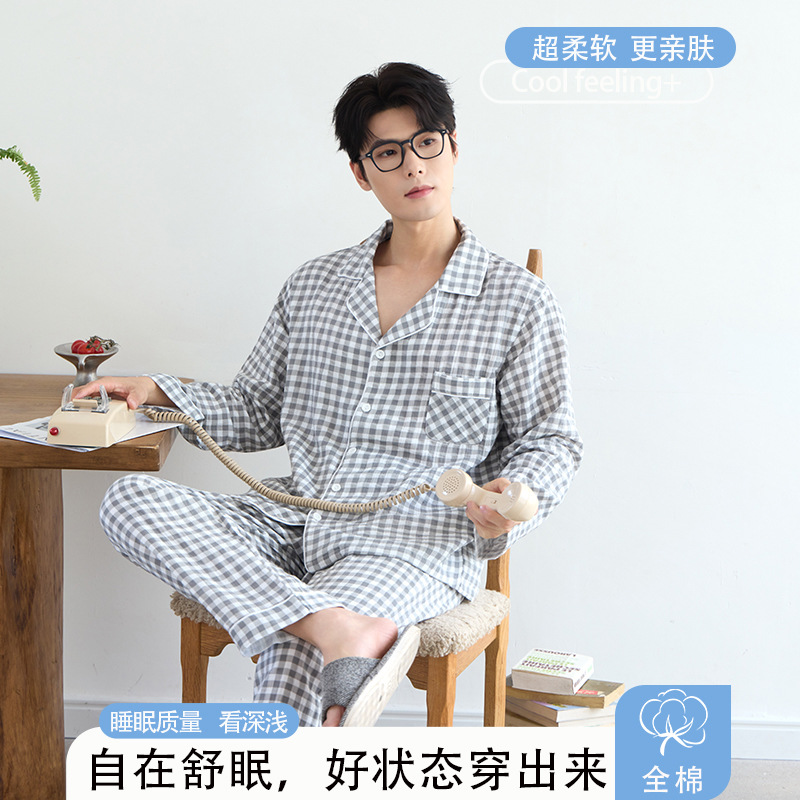 남성 잠옷은 봄, 가을에 밖에서 입을 수 있습니다. 얇은 순면 거즈 긴팔 바지 체크무늬 홈웨어 세트 캐주얼 스타일