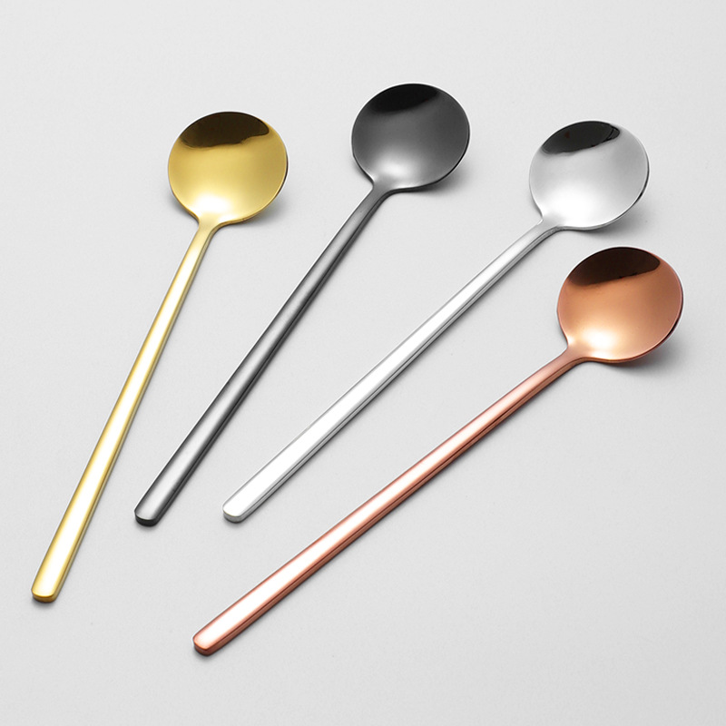 304 Stainless Steel Small Round Spoon With Long Handle, Stirring Coffee Dessert Mug Spoon, Mirror Polished, Nordic Style_voghion.com
