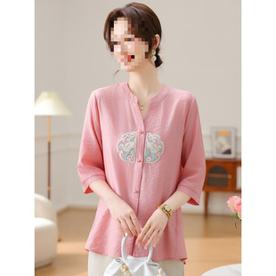Mom's New Spring Clothing, Chinese Style Tops, Western-Style Shirts, Middle-Aged and Elderly Women's Summer Loose Antique-Style Mid-Sleeved Shirts