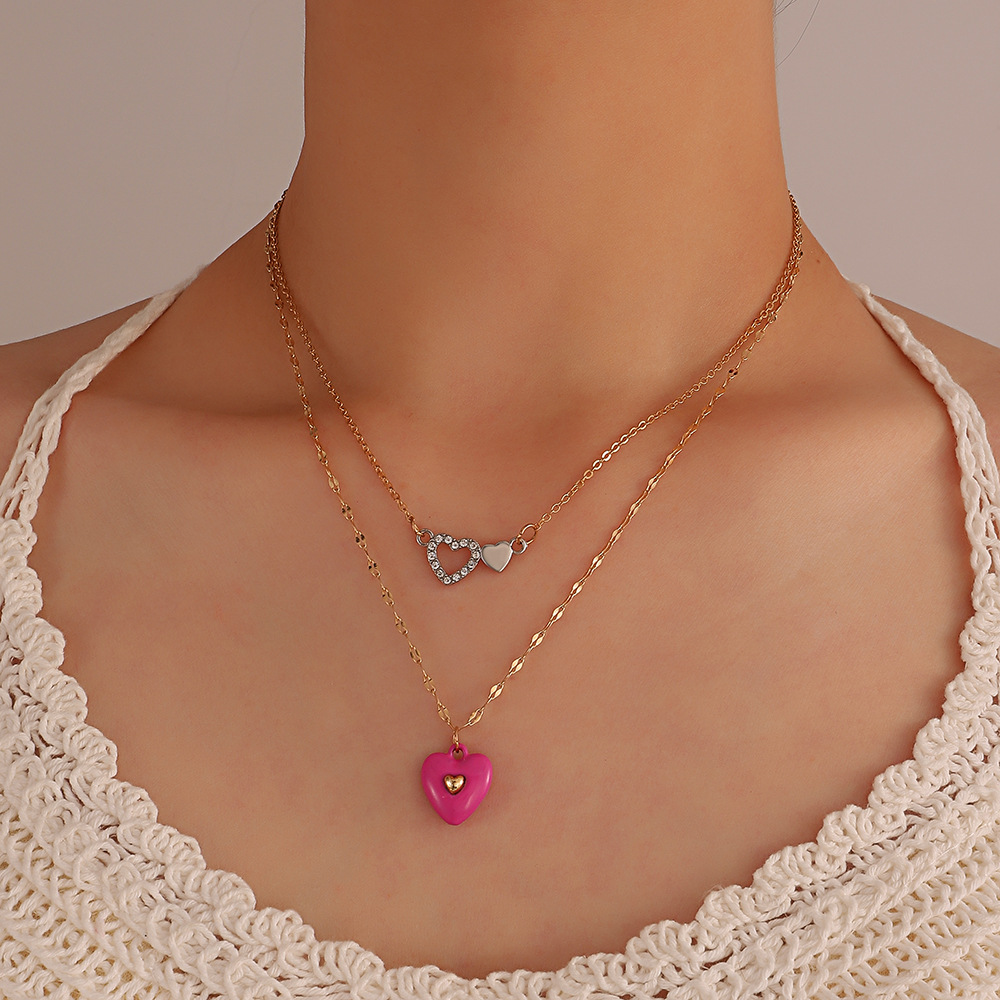 New Style Simple Double Layer Pink Heart Pendant Necklace Bracelet display picture 2