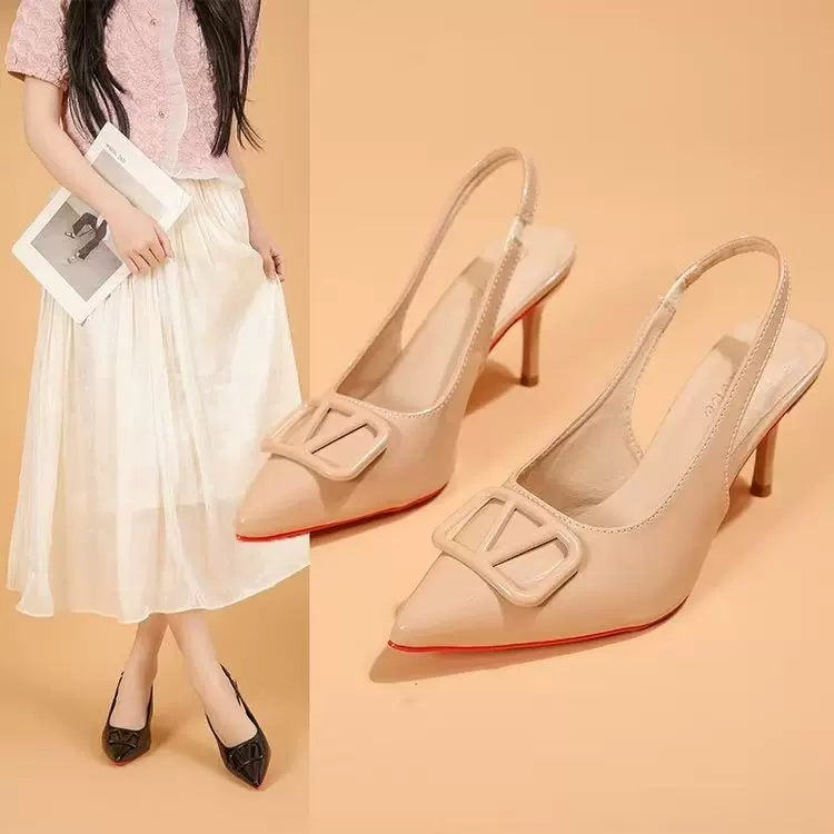 尖头V扣裸色斩男细跟高跟单鞋女2025年新款性感漆皮法式高跟凉鞋