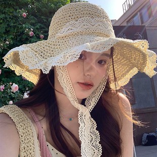 Straw Hat Women's 2025 New Summer Hollow Straw Hat Travel Sun Protection Hat Beach Seaside Big Brim Sunshade Hat