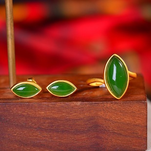 Hetian Jade Spinach Yang Green Jasper Horse Eye suit Ring Earrings Two-in-One suit Silver Set Hetian Jade Explosions