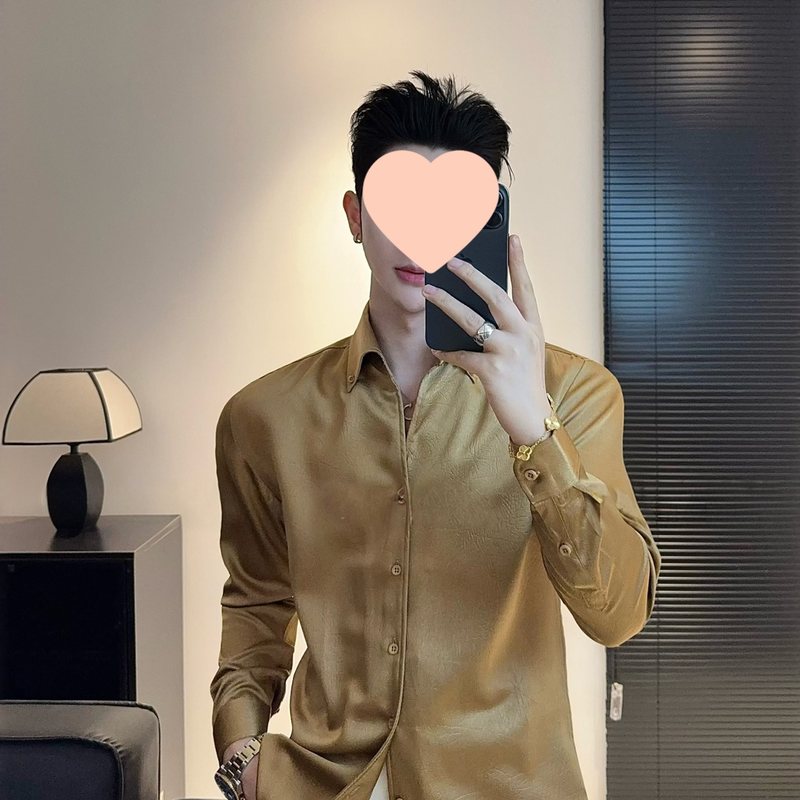 青年男士新款醋酸缎面质感痞帅长袖衬衣百搭小众设计感衬衫上衣男|undefined