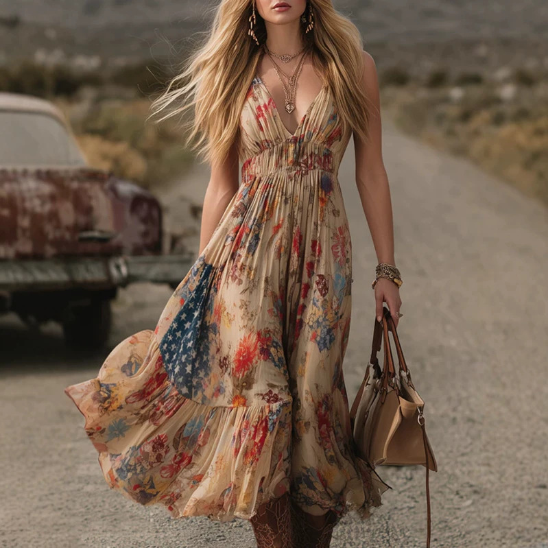 European and American Cross-Border Independent Website Vintage Bohemian Style Khaki Floral Print Midi Skirt