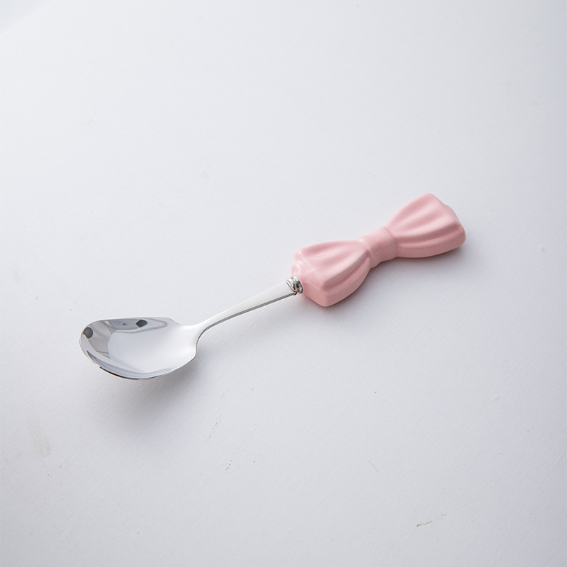 Ins Style Large Bowknot Creative Ceramic Handle 304 Stainless Steel Knife High Appearance Fork Dessert Spoon_voghion.com